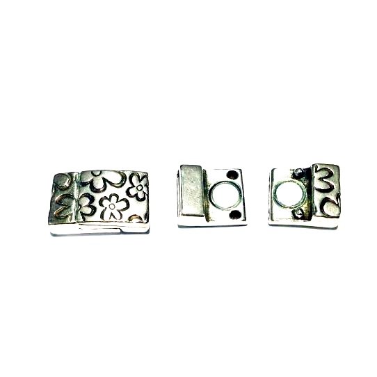 Pewter magnetic clasp for flat leather 10 mm flower pattern