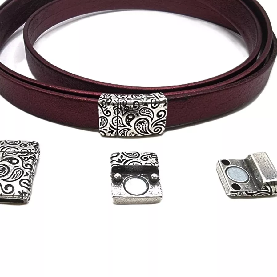 Fermoir aimanté en zamac avec motifs abstraits pour cuir plat 10mm - Argent