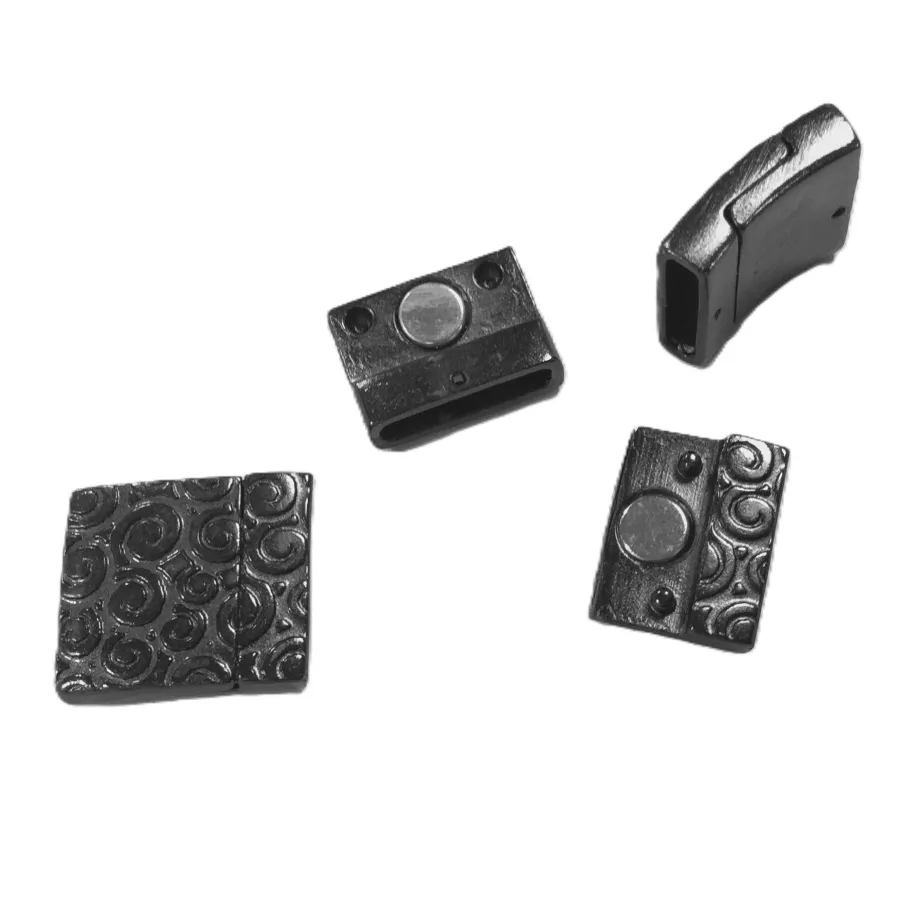 Fermoir aimanté en étain pour cuir 15mm plaqué argent motif spirale - Noir