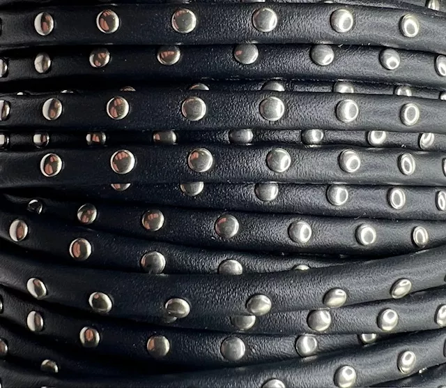 Cuir rond cousu et clouté 5 mm , en chèvre - Bleu marine