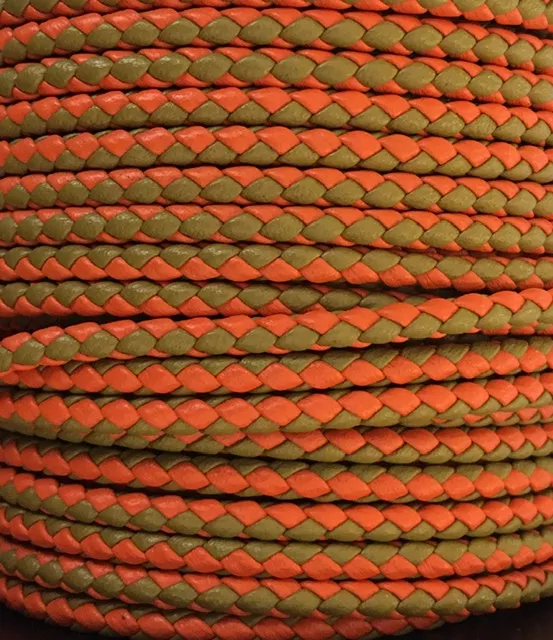 Cuir tressé rond 3mm en bicolore-nouvelles couleurs - orange-kaki orange et sigaro
