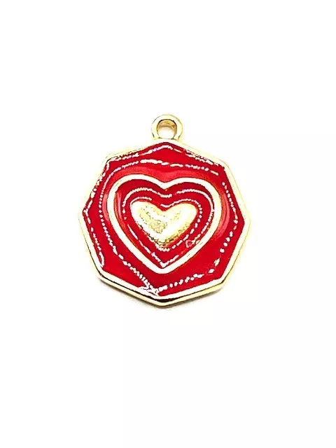 Pendant médaille hexagonale coeur en laiton émaillé - Rouge