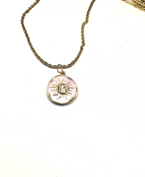 2Pendants  médaille soleil lune étoile émaillé-en 9 couleurs - Rose clair