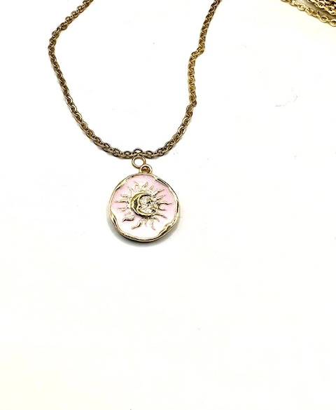 2Pendants  médaille soleil lune étoile émaillé-en 9 couleurs - Rose clair