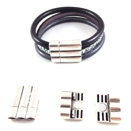  Fermoir aimant� 3 rangs pour cuir 5mm rond ou plat � l'unit�