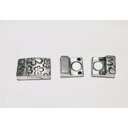 Pewter magnetic clasp for flat leather 10 mm flower pattern